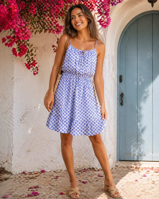 Lulus Grecian Getaway Blue & White Mini Dress | Flattering Fit | Size L | NWT