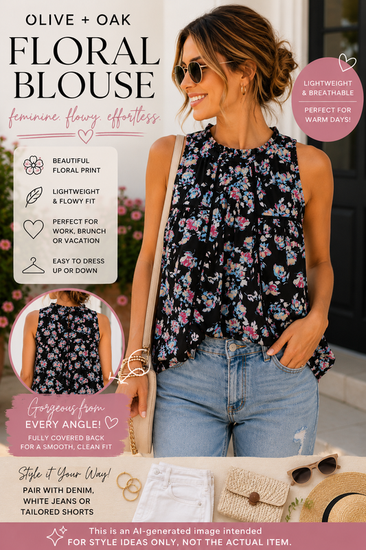 Olive + Oak Floral Sleeveless Blouse Large Black Pink Blue High Neck Tank Top