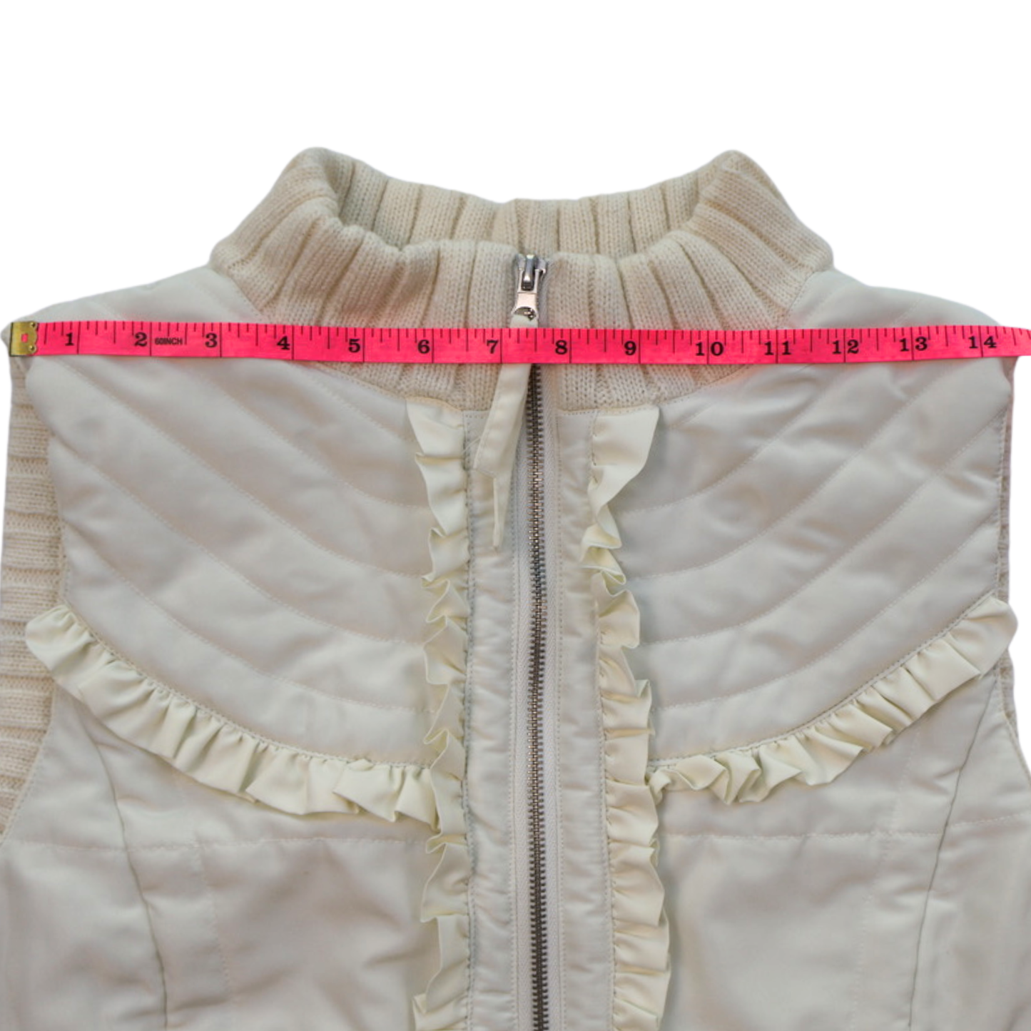 I.N. Studio Quilted Ruffle Zip Vest Cream Size Large Cozy Chic Layer