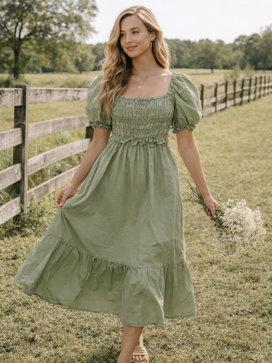 English Factory Green Midi Dress Smocked Puff Sleeve Flowy Size Small