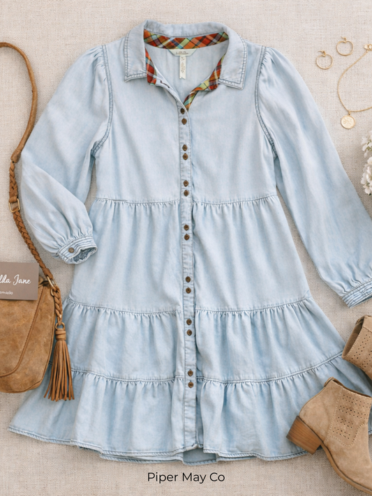 Matilda Jane Soft Denim Tiered Dress | Size Small | Effortless Feminine Classic