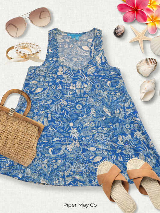 Tori Richard Coastal Print Tank – Blue & Ivory Statement Top (XS)