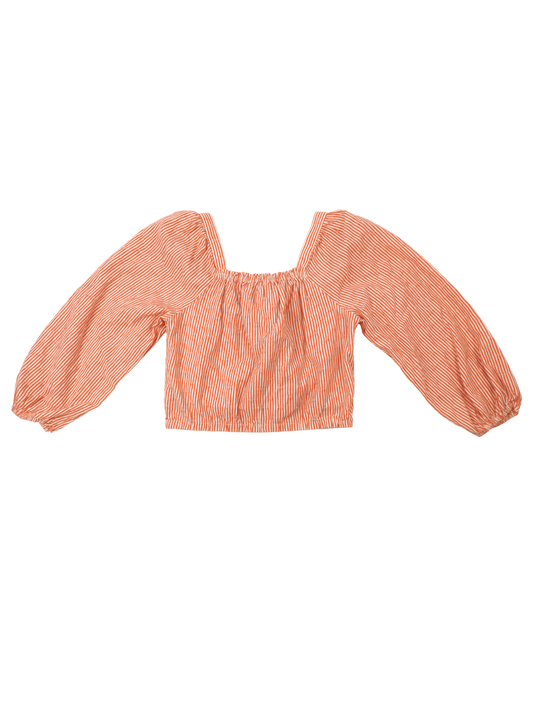 Madewell Orange Stripe Puff Sleeve Crop Blouse – Square Neck Feminine Top (Size XS)