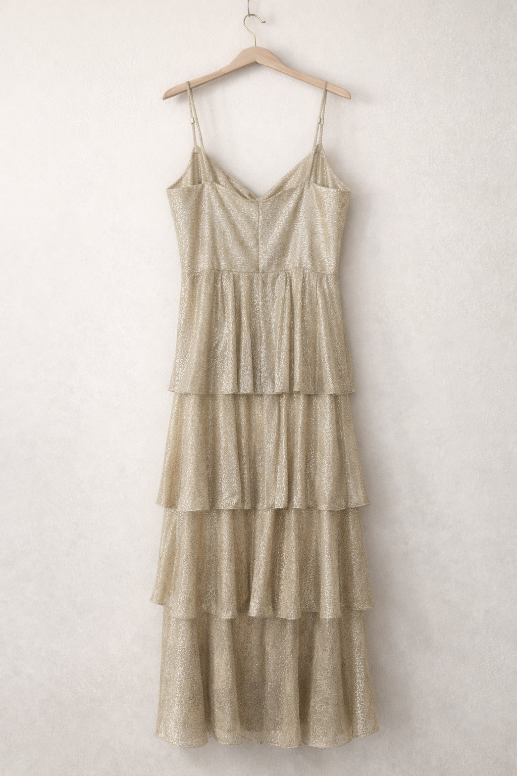 Skies Are Blue Tiered Maxi Dress – Champagne Shimmer | Size Medium