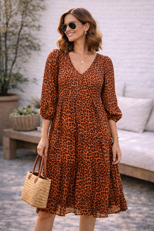 LOFT Leopard Print Tiered Midi Dress | Rust Orange | Size 10