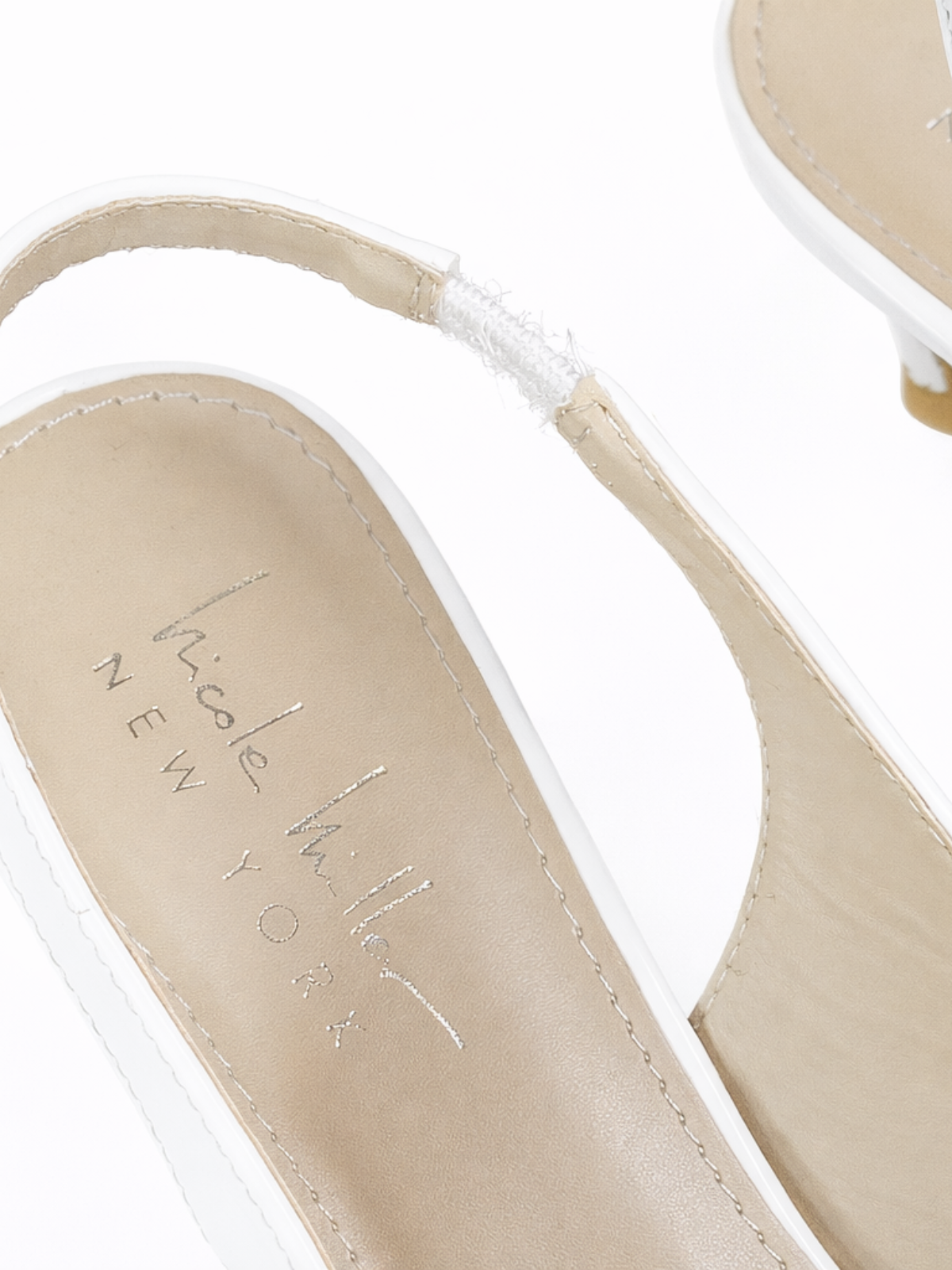 Nicole Miller Lebon Slingback Heels 8.5 | White Patent Kitten Heel