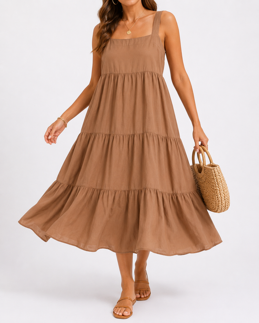 The Drop Brown Smock Midi Dress | Tiered Pocket Dress | Medium