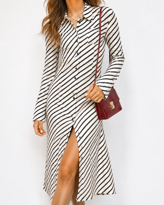 Zara Black Cream Stripe Maxi Shirt Dress Size Small Long Sleeve Button Front