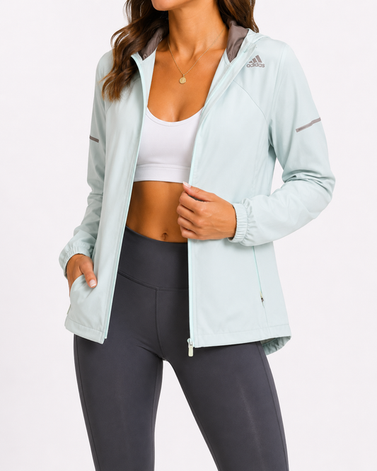 Adidas Light Blue Athletic Jacket | Hooded Zip Front Windbreaker | Small