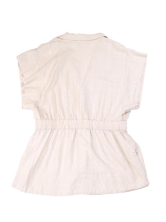 Halston Beige Utility Safari Top Size Small Linen Blend Gold Button Shirt