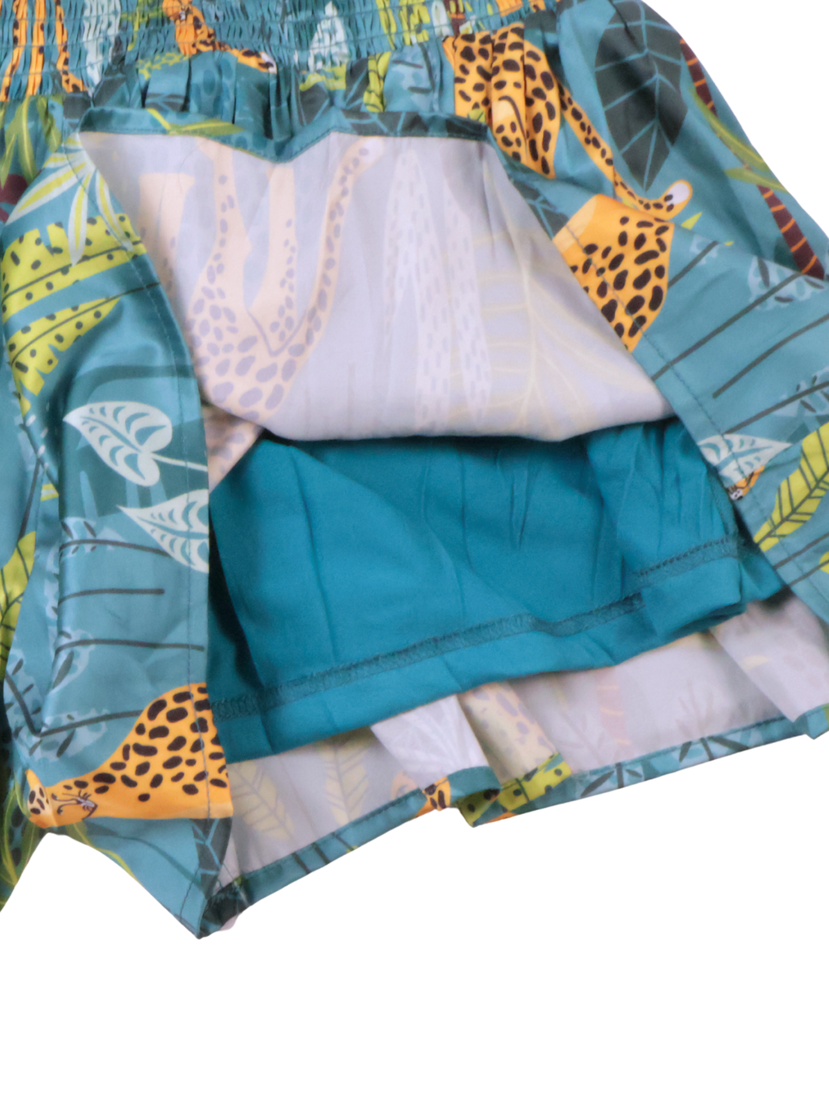 Entro Tropical Cheetah Smocked Shorts | Teal Jungle Print | Size Small