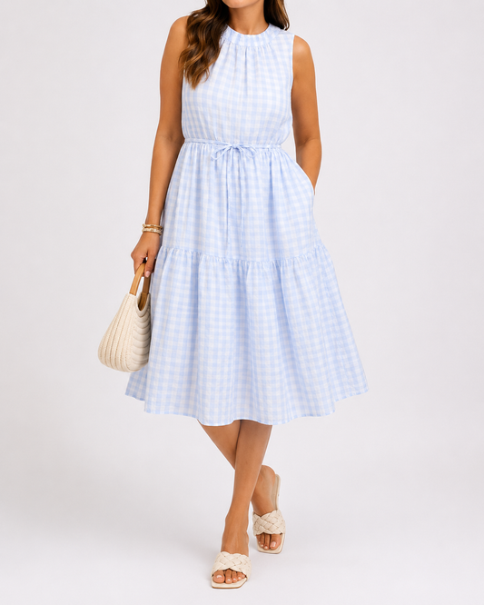 Calvin Klein Blue & White Gingham Tiered Dress | Sleeveless Tie Waist Dress | Size 12
