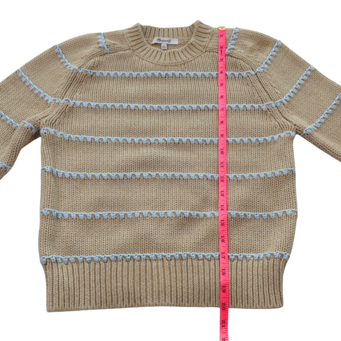 Madewell Cotton Knit Sweater – Tan with Blue Stripe Detail | Size Small | Elevated Everyday Staple
