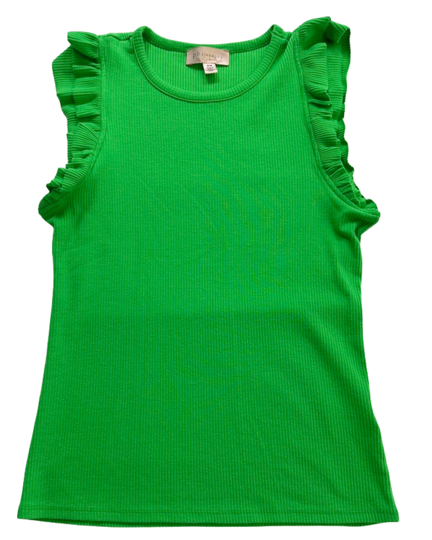 Philosophy Green Ribbed Tank Ruffle Sleeve Top Soft Stretch Knit Size Medium