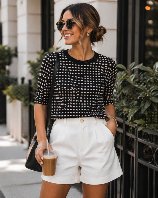 Ann Taylor Black & White Grid Knit Top | Size Small | 3/4 Sleeve