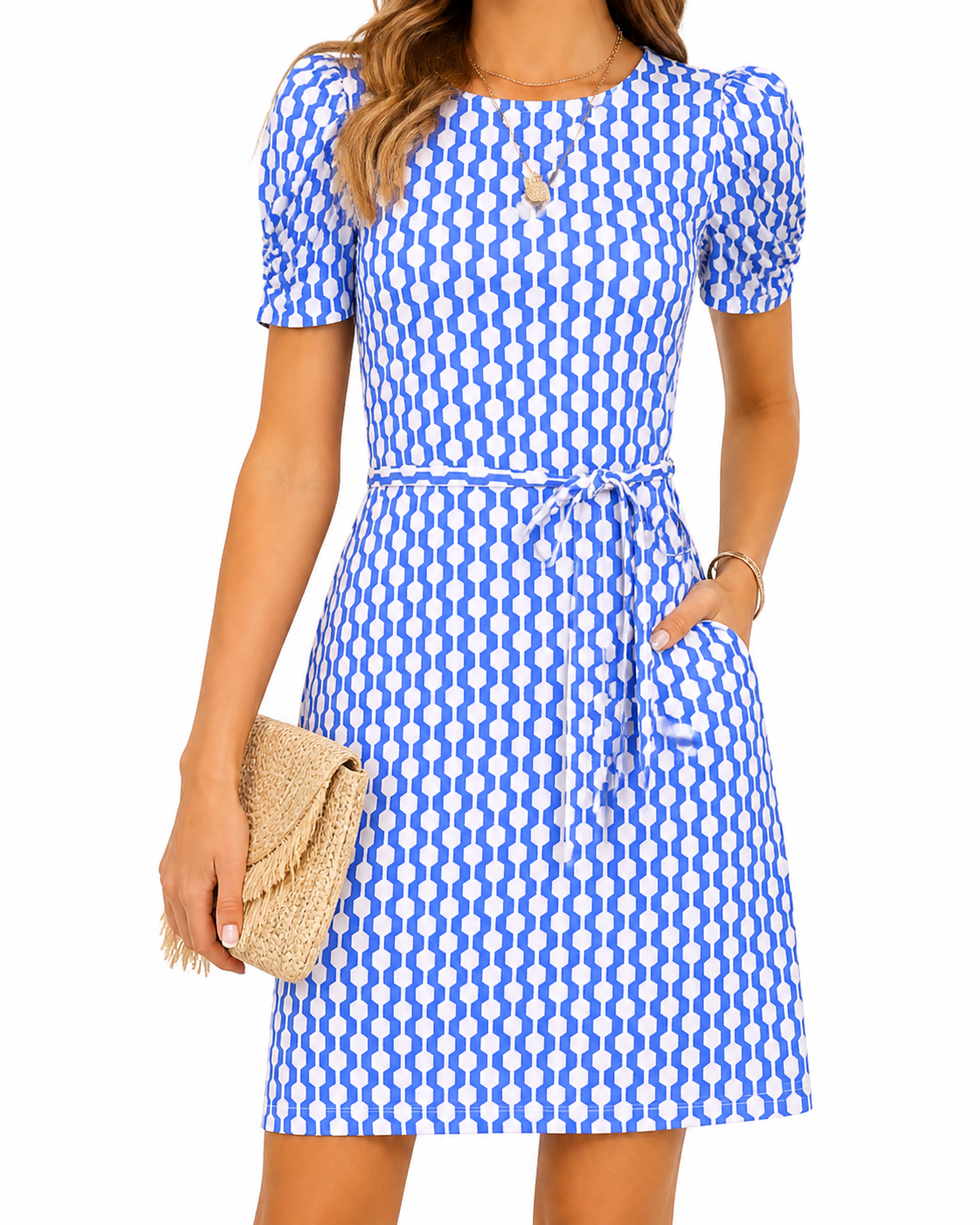 Boden Blue Geometric Print Midi Dress NWT – Tie Waist Short Sleeve Size 6R