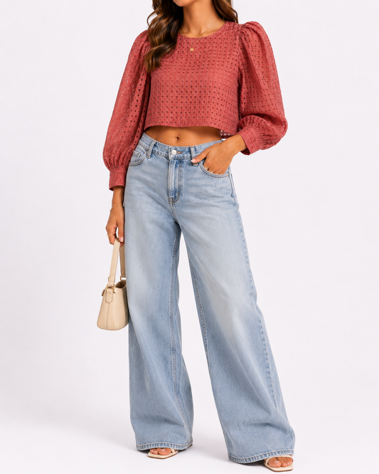 Zara Mauve Sheer Puff Sleeve Blouse | Textured Romantic Top | Small