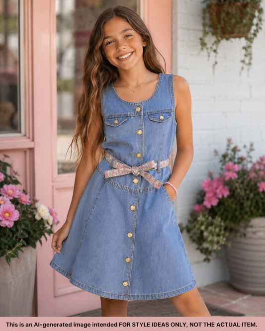 Vintage Japanese Denim Belted Dress | Girls 10–12