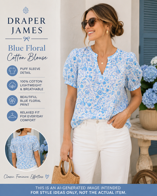 Draper James Blue Floral Cotton Blouse Size Large Puff Sleeve Cottagecore Top