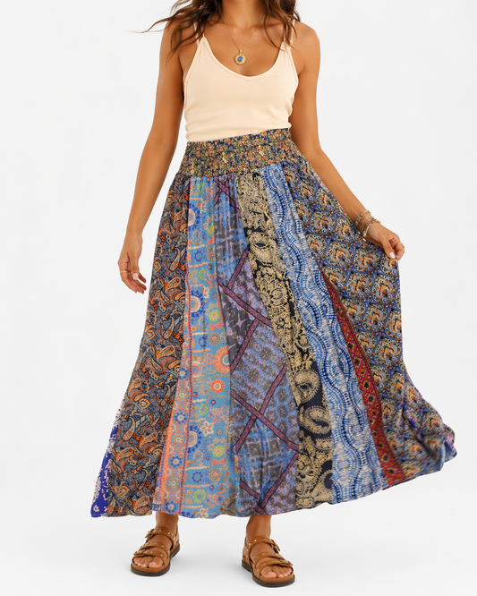 Earthbound Patchwork Boho Maxi Skirt – Size XXL – Mixed Print Flowy Statement