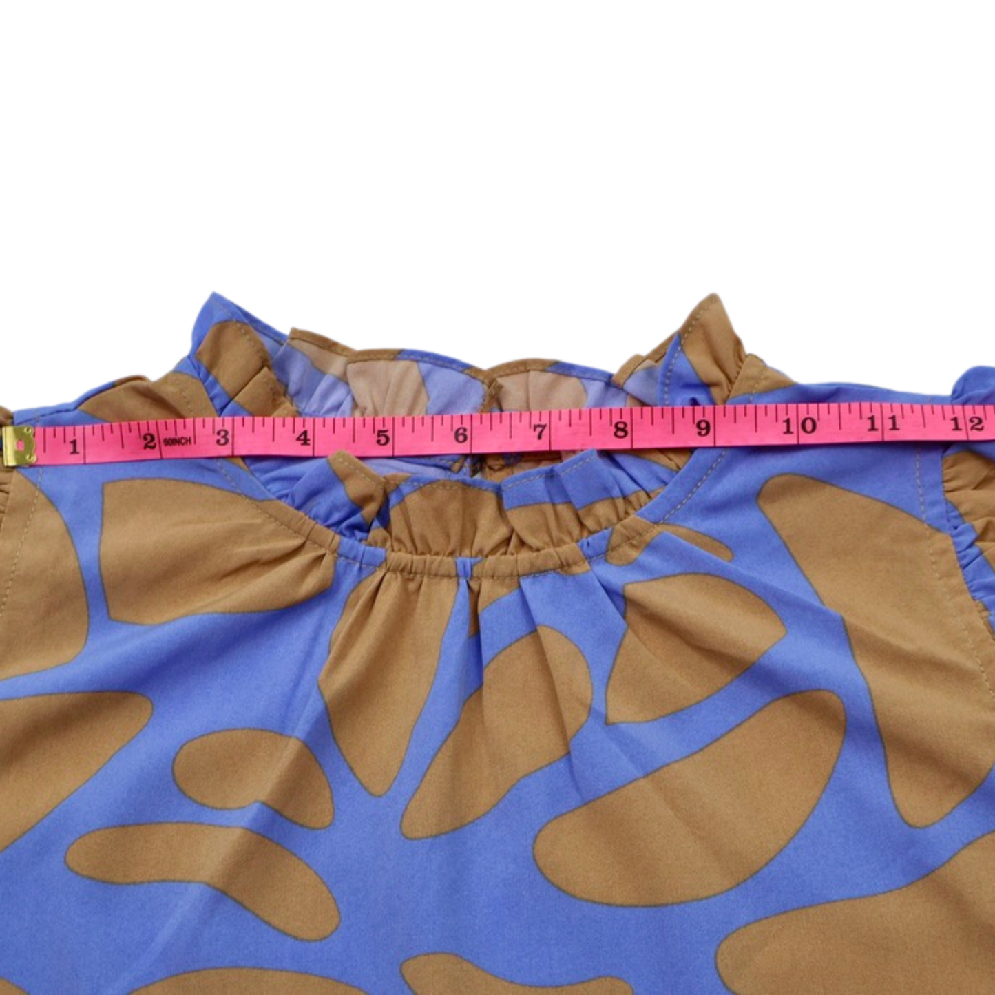 Pinch Abstract Print Midi Dress Blue & Tan Ruffle Sleeve Size Large