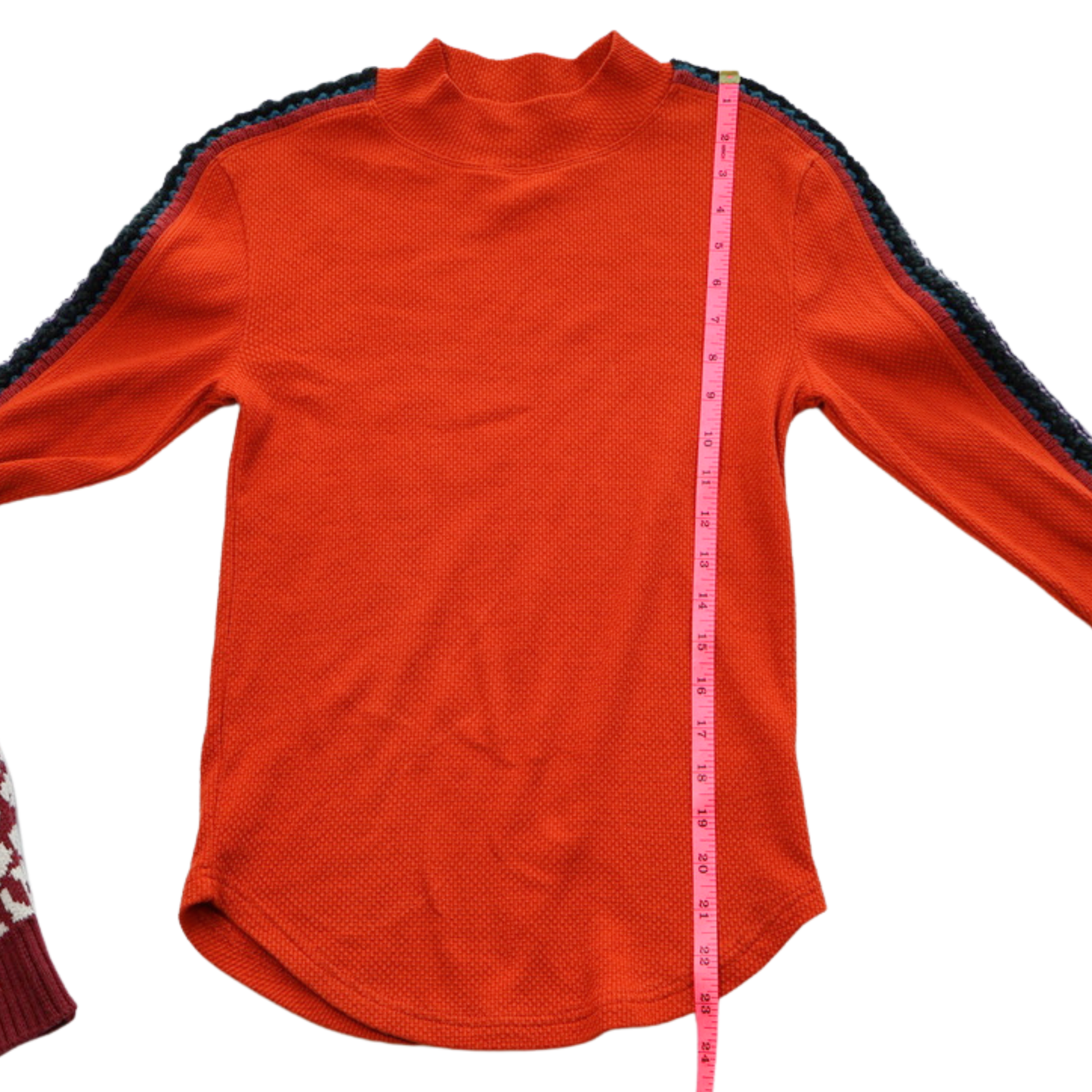 Free People Embroidered Sleeve Thermal Top – Red Statement Piece Size Small