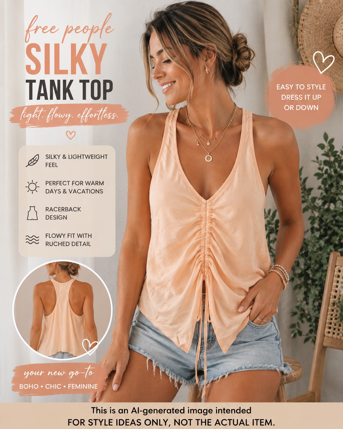 Free People Silky Peach Racerback Tank Top Size Small Ruched Flowy Boho Cami