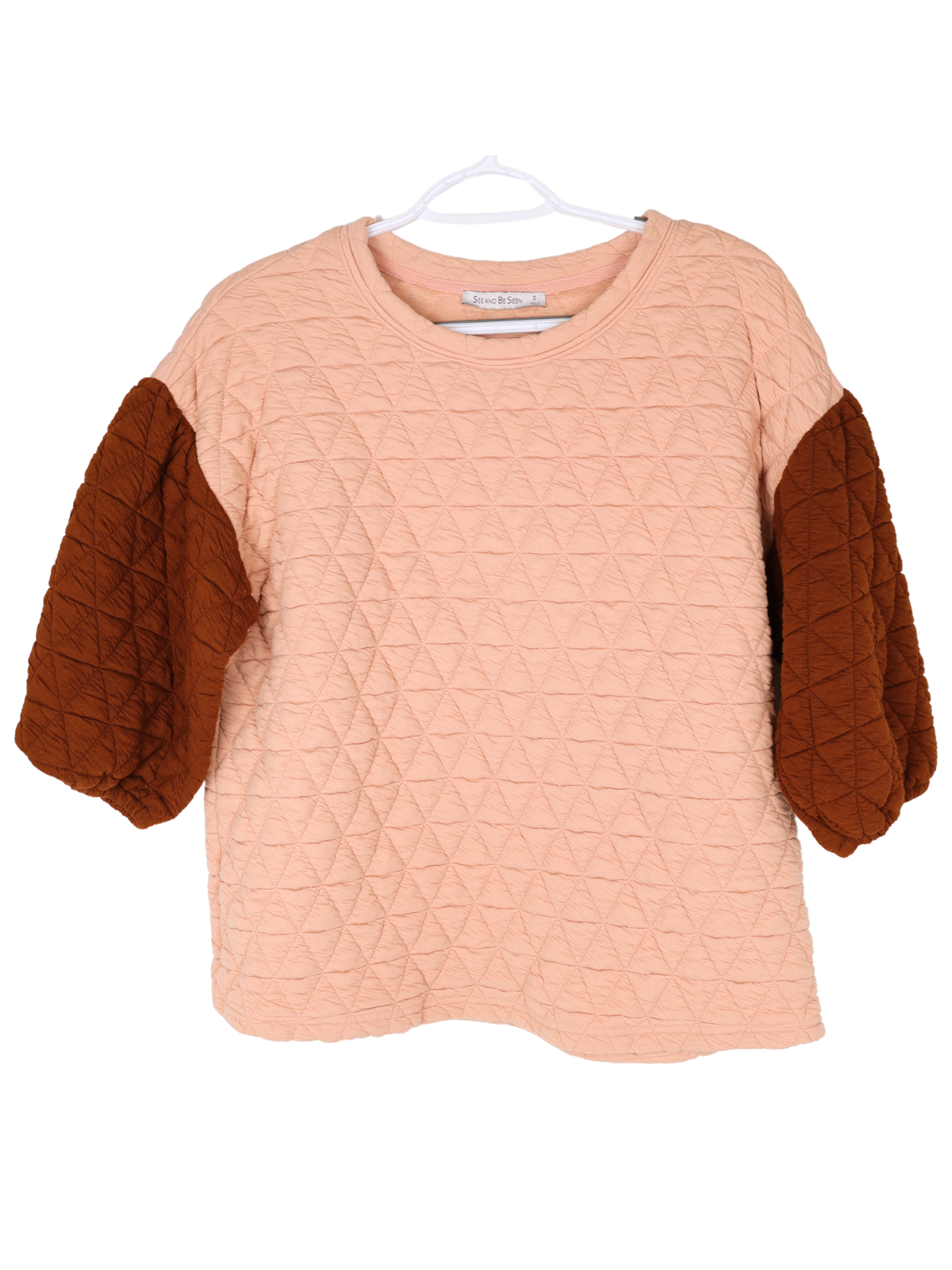 See and Be Seen Quilted Colorblock Top Small Pink Brown Puff Sleeve