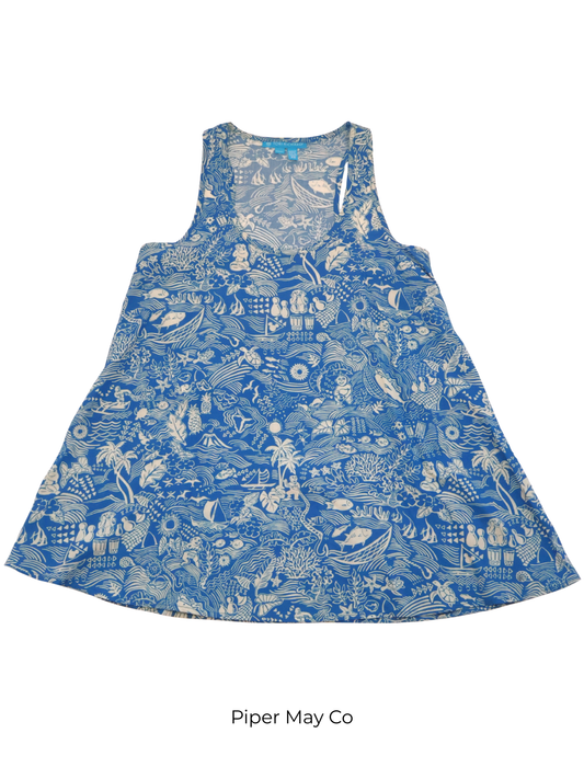Tori Richard Coastal Print Tank – Blue & Ivory Statement Top (XS)