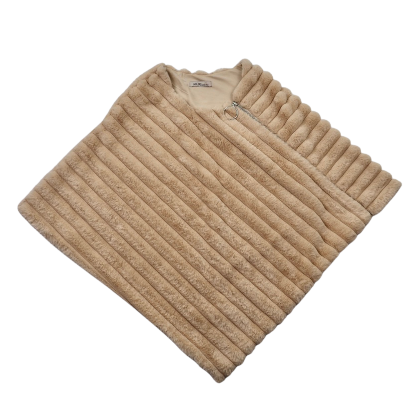 La Fiorentina Faux Fur Shawl Poncho Tan One Size Zip Front Luxe Wrap