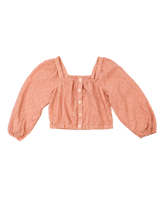 Madewell Orange Stripe Puff Sleeve Crop Blouse – Square Neck Feminine Top (Size XS)