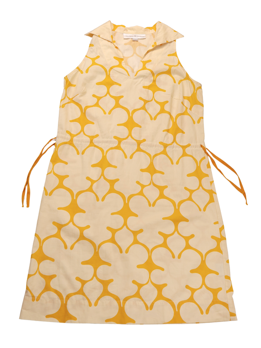 Lesley Evers Sleeveless Shift Dress Medium Yellow Geometric Collared Cotton Summer Dress