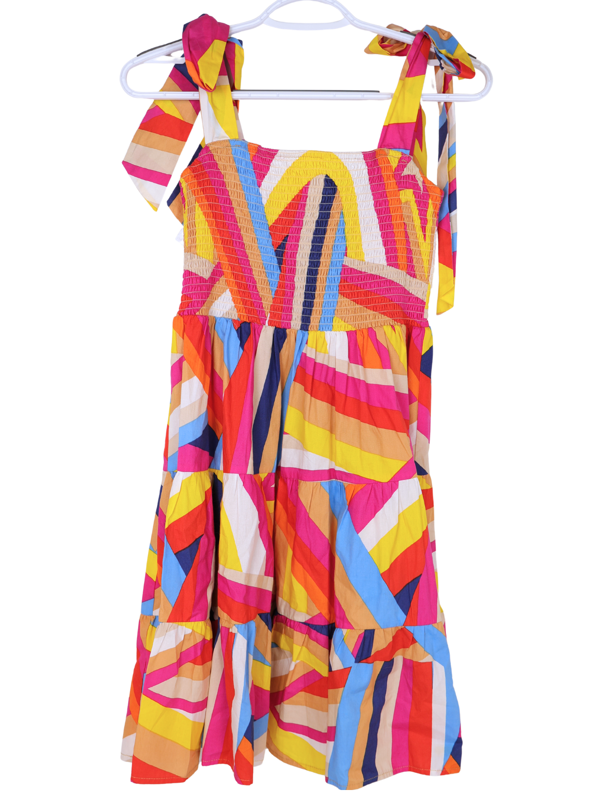 Flying Tomato Abstract Multicolor Smocked Tiered Dress Medium Tie Strap