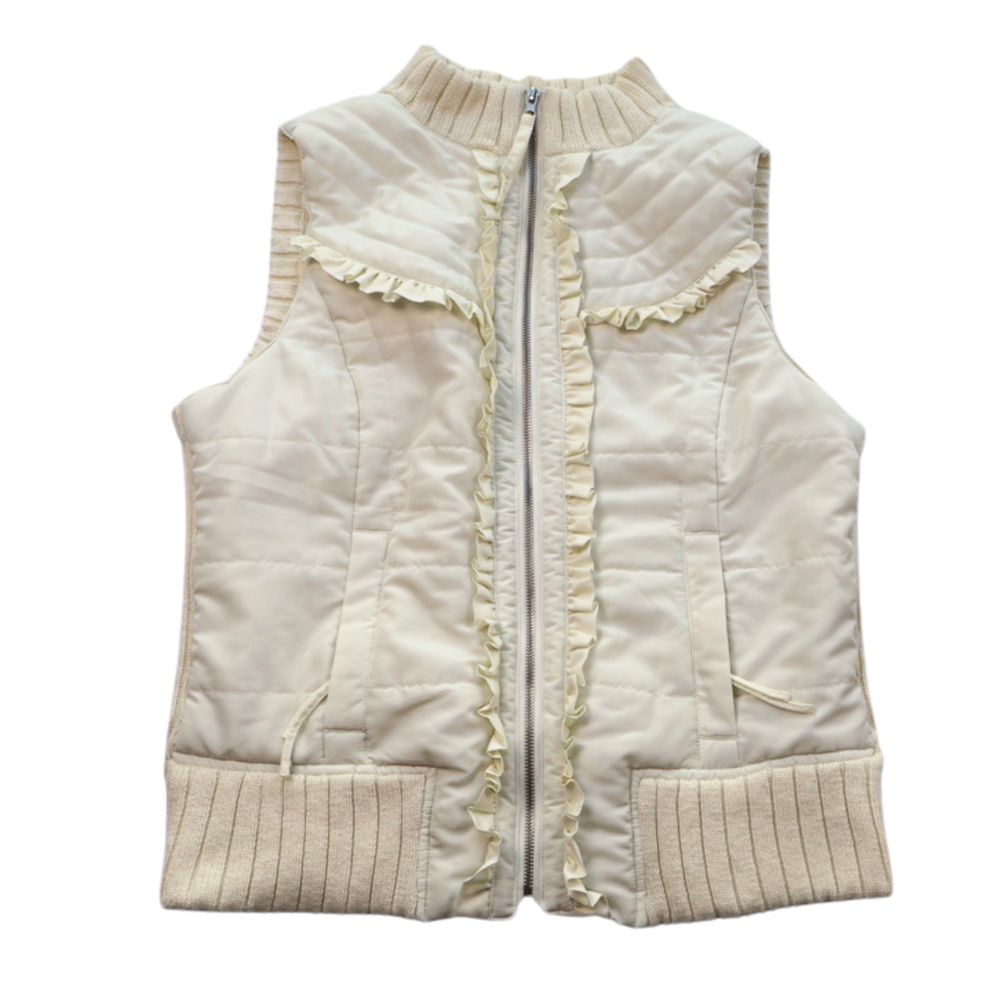 I.N. Studio Quilted Ruffle Zip Vest Cream Size Large Cozy Chic Layer