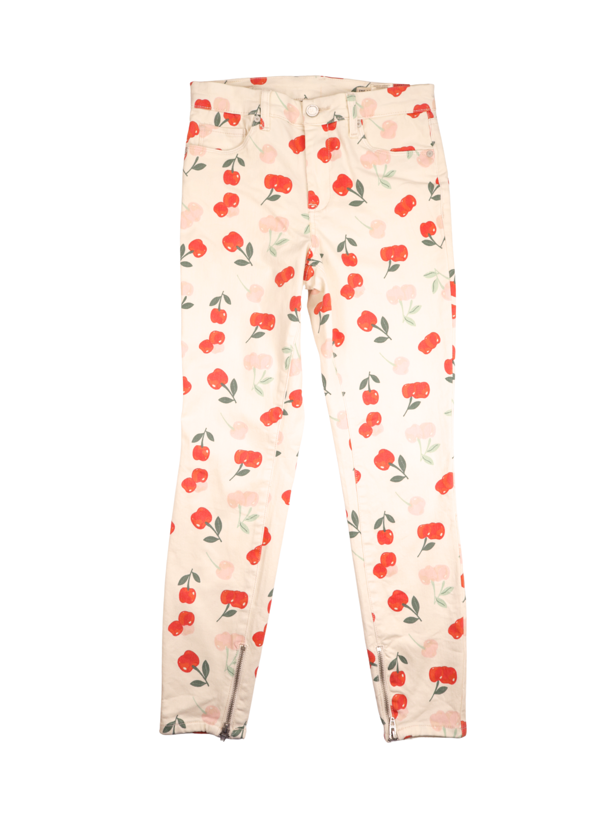 BLANKNYC Cherry Print Skinny Jeans – Cream | Ankle Zip | Size 27