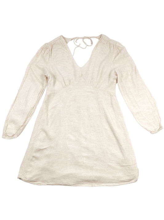 Sincerely Jules Oatmeal Linen Blend Dress – Neutral Boho Long Sleeve Mini (Size L)