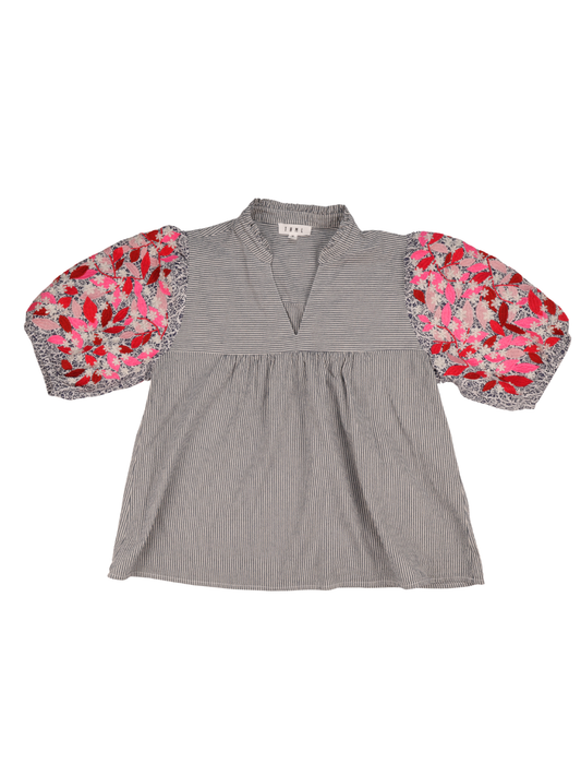 THML Striped Floral Balloon Sleeve Blouse | Boutique Statement Top | Medium