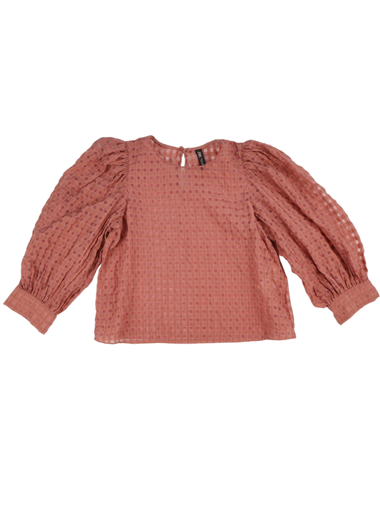 Zara Mauve Sheer Puff Sleeve Blouse | Textured Romantic Top | Small