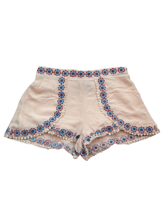 Blue Rain Embroidered Boho Shorts – Statement Trim | Size Small