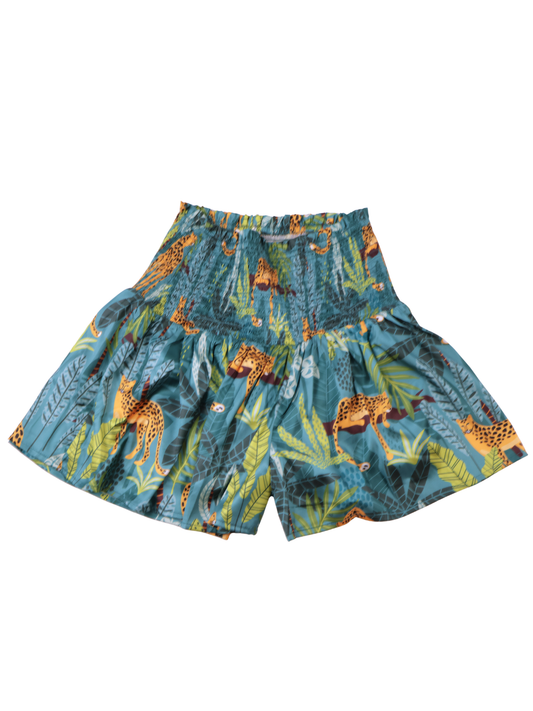 Entro Tropical Cheetah Smocked Shorts | Teal Jungle Print | Size Small