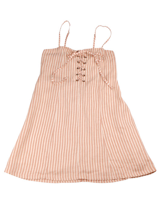 Faithfull The Brand Pink Stripe Linen Lace Up Mini Dress Size Large NWT