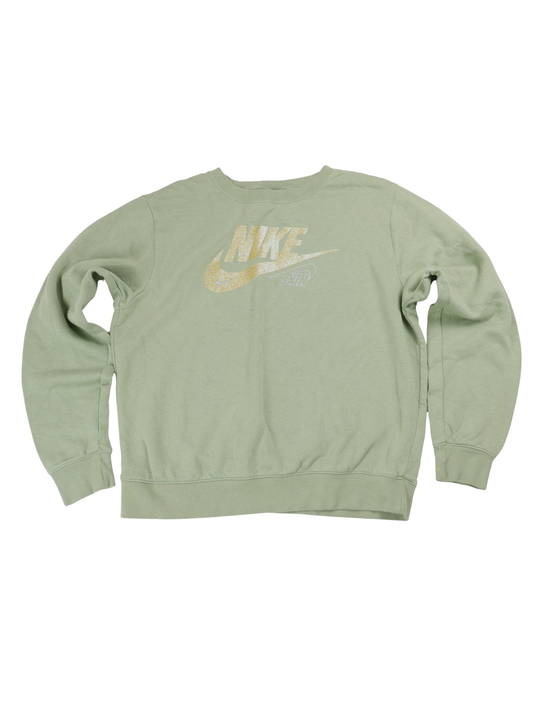 Nike Sage Green Glitter Logo Fleece Sweatshirt Small Gold Silver Graphic Crewneck