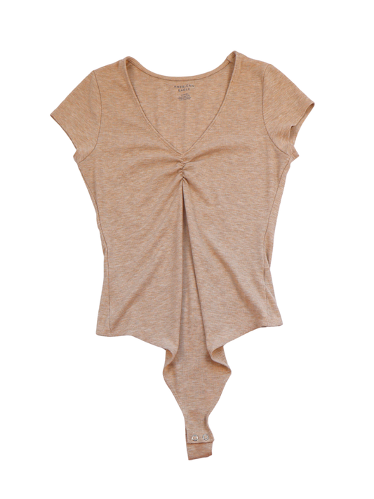 American Eagle Ruched V-Neck Bodysuit – Soft Neutral Essential | Size M