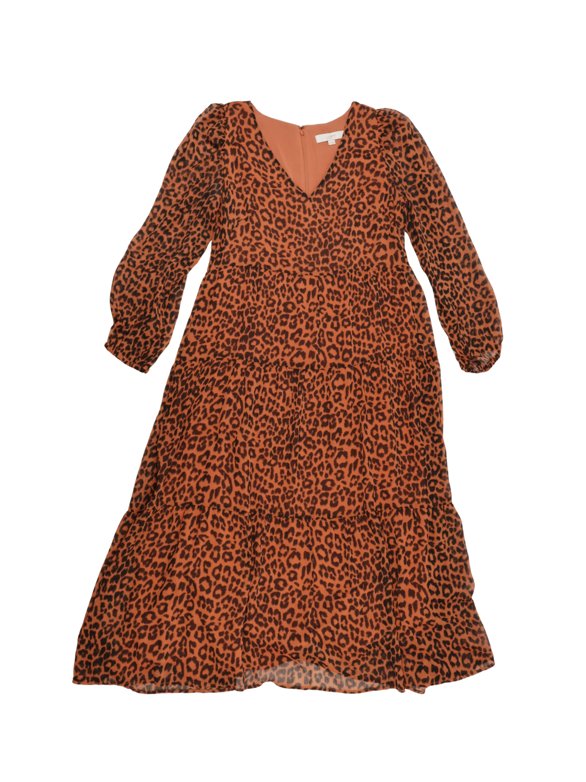 LOFT Leopard Print Tiered Midi Dress | Rust Orange | Size 10