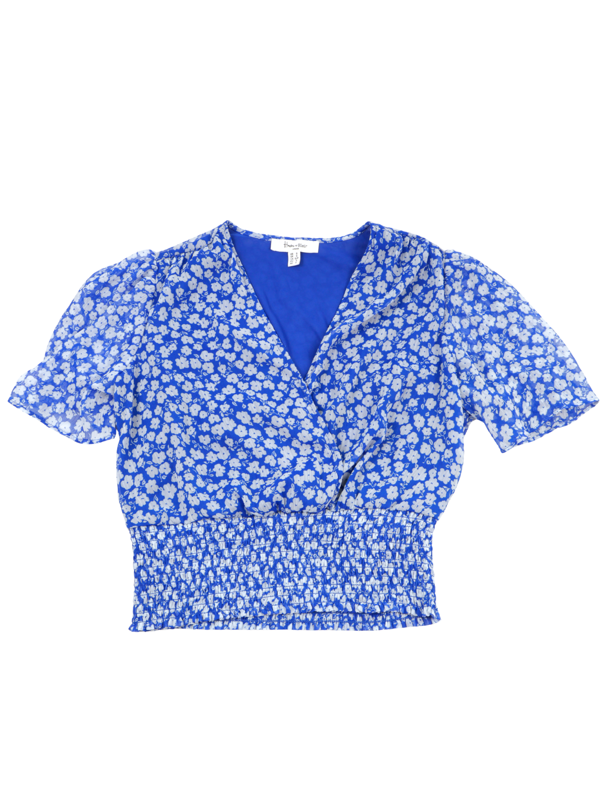 Haver & Blair Blue Floral Smocked Crop Blouse – Feminine Wrap Style (Size Small)