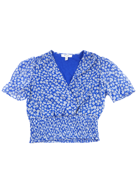 Haver & Blair Blue Floral Smocked Crop Blouse – Feminine Wrap Style (Size Small)