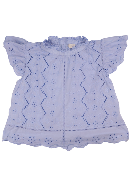 Jennifer & Grace Blue Embroidered Eyelet Blouse | Button Back Flutter Sleeve Top | Large