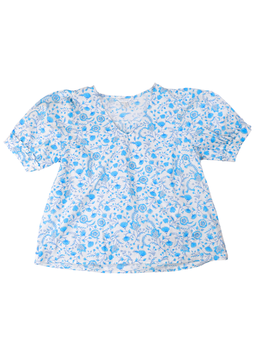 Draper James Blue Floral Cotton Blouse Size Large Puff Sleeve Cottagecore Top