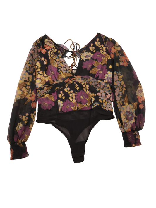 Free People Floral Sheer Statement Bodysuit – Romantic Volume Sleeve | Size Medium