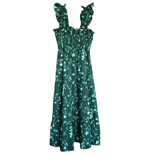 Hill House Nap Dress Medium Green Floral Smocked Ruffle Strap Midi Dress